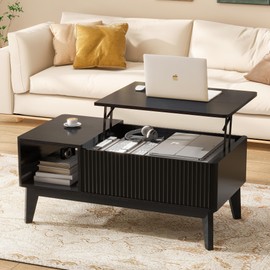 Fluted Coffee Table with Hidden Compartment, Wood Lift Top Coffee Tables, Modern Center Table for Living Room, Home Office, Natural