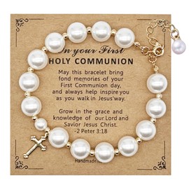 SJUIEO First Communion Bracelets Gifts for Girls Catholic First Communion Bracelet with Gold-Plated Pearl Cross, L, Plastic, Plastic