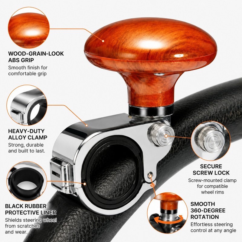 Steering Wheel Spinner Knob with 360° Bearing – Clamp-On Turning