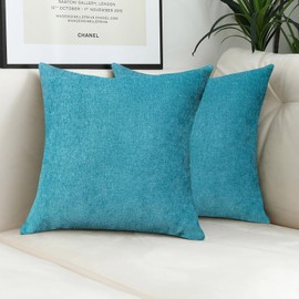 Jeneoo Decorative Turquoise Blue Throw Pillow Covers Square Chenille Solid Cushion Couch Cases for Sofa Decor (Set of 2, 18 x 18 Inches)