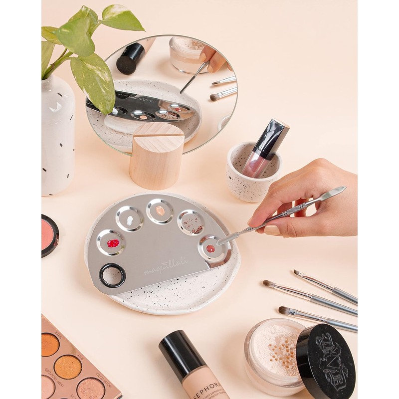 PALETA DE ACERO INOXIDABLE PARA MEZCLA DE MAQUILLAJE CON ESPATULA