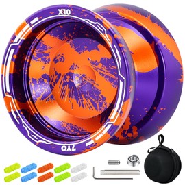 X10 Professional Trick Yoyo - Responsive & Unresponsive yo-yo for Kids, Finger Spin Metal Yoyo for Beginner with Bearing Kit + 10 Strings + Yo Yo Bag (Orange Purple)