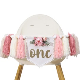 Banner floral con borla de una silla alta, decoración de fiesta de primer cumpleaños para niñas, pancarta de trona alta para primer cumpleaños, pancarta de princesa rosa con borla para niñas