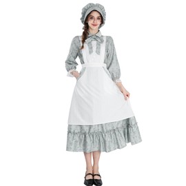 FCCAM Colonial Prairie Dress Women Floral Ruffle Pioneer Dress Costume American Historical Civil War Dress S