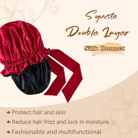 Syvvste Silk Bonnet for Sleeping Women Double Layer Satin Bonnet Satin Lined Hair Bonnet with Tie Band Curly Natural Hair Black, One Size
