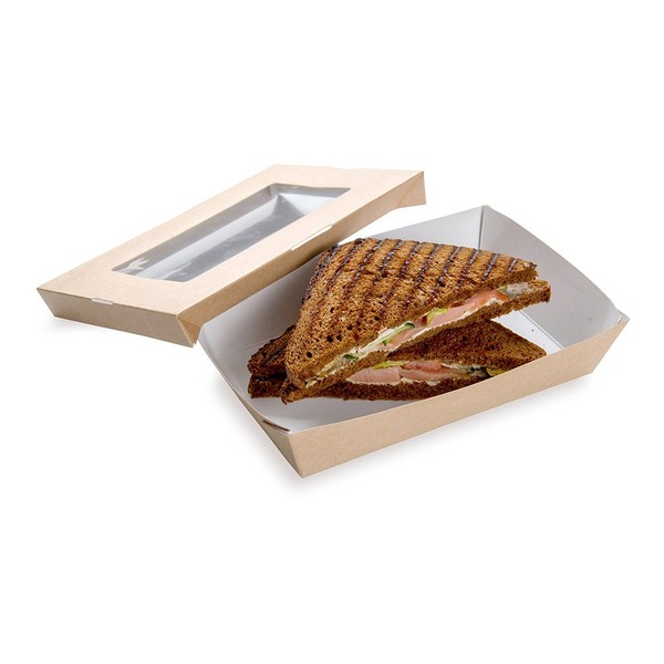 Restaurantware Cafe Vision 34 oz Rectangle Kraft Paper Large Take Out Container - 8 1/2" x 5 1/4" x 1 1/2" - 25 count box