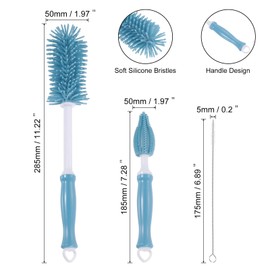 uxcell Silicone Bottle Cleaning Brush, Set of 3 Long Handle Bottles Brush Cleaner Kit Multipurpose Water Cup Straw Cleaning Brush for Glass Vase Sports Bottle Flask, Blue