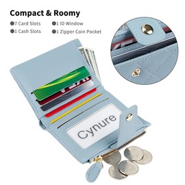Cynure Women's Cute Leather Card Holder Small Compact Bifold Purse Purse with Zip Coin Compartment, blue, Standard size, Casual