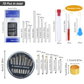 78 PCS Hand Sewing Needles Kit, Assorted Sewing Needles Large Eye Needles Self Threading Needles Sewing Needle Container with Gourd Needle Threader Thread Remover and Sewing Thimble for Sewing Repair