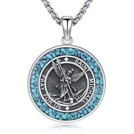 StoryEtain St Michael Necklace for Men 925 Sterling Silver Archangel Michael Medal Amulet Protection Pendant Necklace Catholic Jewelry Gift for Women, 1.04 inches, Sterling Silver, No Gemstone
