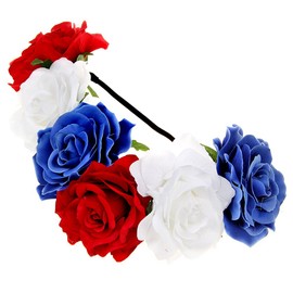 Womens Hawaiian Stretch Rose Flower Headband Floral Crown for Garland Party Wedding Headpiece (red+White+Blue)
