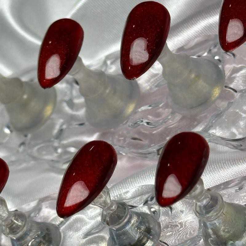 Handmade Press On Nails - Small Almond Cat Eye Red