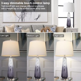 QiMH Table Lamps Set of 2 with Touch Control, 3-Way Dimmable Modern Glass Bedside Lamps with 2 USB Ports, Nightstand Lamp with White Shade, 27.5" Large Lamps for Living Room Bedrooms Decor, Grey