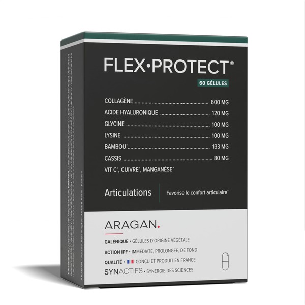 ARAGAN - Synactives - FlexProtect - Joint Food Supplement - Collagen, Hyaluronic Acid, Bamboo, Copper, Manganese - 60 capsules - 15 days to 1 month taken - Made in France