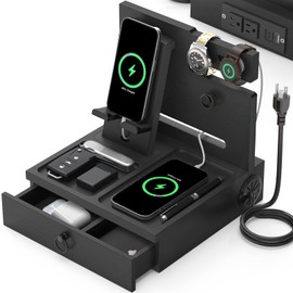 Wood Phone Docking Station with USB Ports and Outlets, Nightstand Organizer