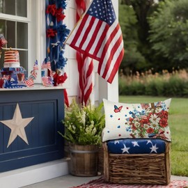 OPULANE 4th of July Memorial Day Pillow Cover 12 x 20 Inch Floral Flowers Cross America Flag Patriotic Independence Day Throw Pillow Case for Sofa Couch Decoration