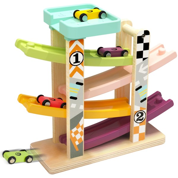TOP BRIGHT Wooden Car Ramp Toys for 1 2 Year Old Boy Gifts, First Birthday Present for One Two Year Old Car Toy, Baby Toys 12 18 Months with 4 Mini Cars - Assembly Required