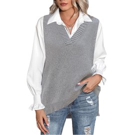 Zeagoo Sweater Vest Women Sleeveless V Neck Oversized Pullover Knitted Tops 2024 Fall Outfits Grey