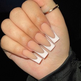 24pcs Long Coffin False Nails French White Tip Stick on Nails Press on Nails Removable Glue-on Nails Fake Nails Nail Art Accessories