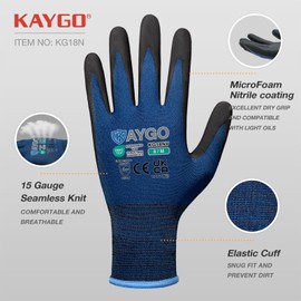 KAYGO KG18N Work Gloves Men Women 3 Pairs Micro Foam Nitrile Coated Breathable Nylon Protective Gloves, Non-Slip Grip Lightweight Oil Resistant, Ideal for Car Work, KG18N (Navy Blue, L, Size 9)