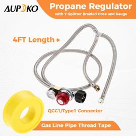 Aupoko RV Propane Regulator 2 Tank Hoses 0-30 PSI with Gauge, Dual Propane Regulator QCC1/Type1 to 3/8" Female Flare Fitting, Propane Y Splitter for Heaters/Grills, Fire Pit, Burner, Turkey Fryer