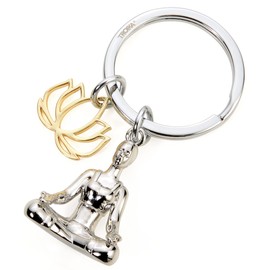 TROIKA Yoga – KR22-01/CH – Keyring with 2 Charms – Woman in Meditation Posture and Blossom of The Lotus Flower – cast Metal– Shiny – Gold-Coloured, Silver-Coloured – TROIKA-Original