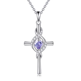 JERWLI Cross Necklace for Women 925 Sterling Silver Cross Birthstone Pendant Necklace Infinity Cross Religious Jewellery Gifts for Women, Sterling Silver, Alexandrite