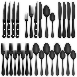 24-Piece Black Silverware Set with Steak Knives, Stainless Steel Flatware Cutlery Set for 4, Spoons Forks and Knives Sets, Mirror Finished Utensil Sets Dishwasher Safe for Home Restaurant