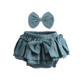 Juego de faldas de algodón para bebé recién nacido con pantalones cortos integrados para niños pequeños, con volantes, falda para pañales con lazos, diadema, Juego de color verde oscuro., 6-12 Meses
