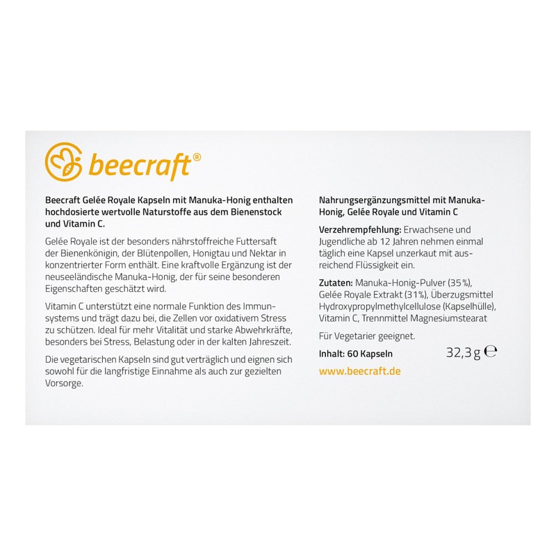 Beecraft Gelée Royale Kapseln mit Manuka-Honig und Vitamin C, 60