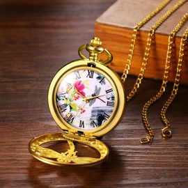 JewelryWe Pocket Watch Women's Elegant Tree of Life / Skull / Butterfly / Angel Girls Analogue Quartz Watch with Necklace Chain Pocket Watch Gift Rose Gold, Dragonfly - Gold