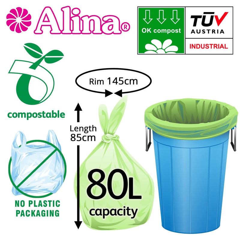 30 x Alina 80L Compostable Bin Liner/Garden Compost Sack/Biodegradable Green