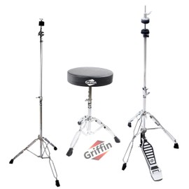 GRIFFIN Drum Hardware 3 PACK - Hi-Hat Stand, Drummers Throne Seat & Straight Cymbal Stand | Deluxe Chrome Slip-Proof Gear Holder Percussion Set for Mounting Medium-Duty Crash, Ride & Splash Cymbals