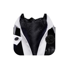 YOHOWA Men Ascot Tie Cravat Floral Black Scarf Self Ties Pocket Square Cufflinks Set Wedding Prom Party Formal