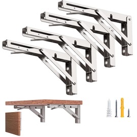 12-Inch Foldable Brackets for DIY Folding Shelves or Tables, L Shelf Brackets Collapsible, Heavy Duty Stainless Steel, Max Load 300lbs, Silver, 4 Pcs