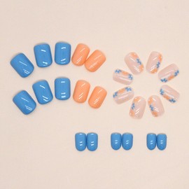 Press on Nails Short Square Fake Nails Blue Nails Press ons Glossy Glue on Nails Spring Acrylic Nails Orange False Nails with Flower Designs Cute Stick on Nails for Women 24Pcs