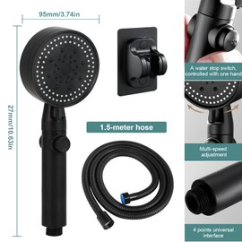Wassersparender Duschkopf, 6 Strahlarten, 1,5m Schlauch, Handbrause, mit Halterung, Sparduschkopf, Schwarz