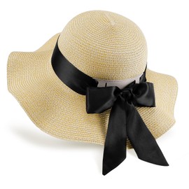 GNEGNI LIFE Sun Hats Women, Wide Brim Hat Straw Beach Hats Sun Protection Summer Hat Foldable Floppy for Women Travel Holiday (Cream Yellow & Black Ribbon)