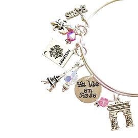 Paris Bangle Bracelet,"La Vie En Rose" Bangle, Paris Souvenir, Paris Charm Bracelet, Paris Trip, Paris Lover, Rose PInk Elements, Adjustable Silver Bangle.