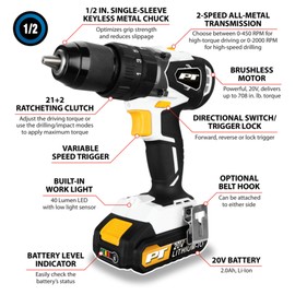 Performance Tool W7722 20V Li-Ion 1/2-in Brushless Hammer Drill: 708 in-lb Torque, 2-Speed, Keyless Chuck, 20V, USB-C Quick Charge, Built-In Hook, Storage Case, Black/White