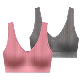 Delta Burke Seamless Padded Ribbed Comfort Bra w/Removable Pads 2-Pack (1X - Fits 36C/D/DD Thru 38B/C, Heather Grey/Deep Rose)