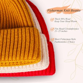 Samserot Wool Short Fisherman Beanie for Men Women, Knit Cuff Trawler Beanie Caps Winter Warm Hats Beige