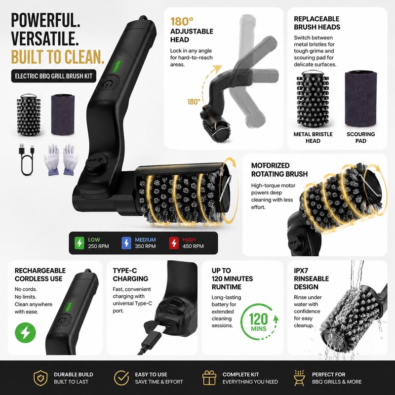 Electric BBQ Grill Brush for Outdoor Cleaning – 3-Speed Rechargeable