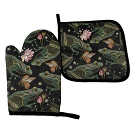 Abucaky Vintage Frogs Lotus Flowers Oven Mitts and Pot Holders Insulated Gloves & Kitchen Counter Safe Mats for Cooking BBQ Baking Grilling (2-Piece Set)