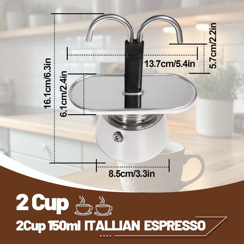 DITOSH 2 Cup Dual Pipe Moka Pot Stainless Steel Stovetop