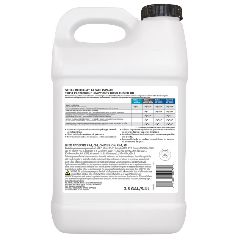Shell Rotella T4 Triple Protection 15W-40 Motor Oil, 2.5 Gallon