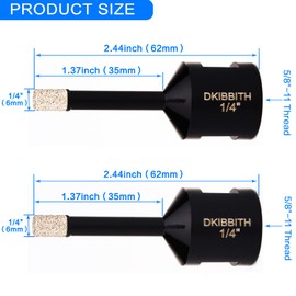 1/4 Inch Dry Diamond Core Drill Bits Set 2 pcs for Ceramic Porcelain Granite Marble Tiles Stone Glass Brick Hard Materials, 5/8-11 Thread for Angle Grinders Wet Polishers, Tile Hole Saws 6mm