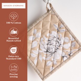 Maison d' Hermine Hotpads 100% Cotton Pot Holder with Bow Heat Resistant (20 cm x 20 cm) Set of 2 Pot Holders for Baking, Handling Hot, Pretty Autumn - Thanksgiving / Christmas