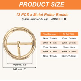 PATIKIL Single Prong Belt Buckle 1.2", 12 Pcs Metal Roller Buckle Round Center Bar Buckles for Belt Purse Making Leather Hardware, Black/Silver/Light Gold