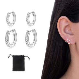 LICHUAN Silver Hoop Earrings for Women, Hoop Earrings with AAA Zirconia, Hypoallergenic, Small Sleeping Hoop Earrings for Birthday Gift - 2 Pairs, Silver